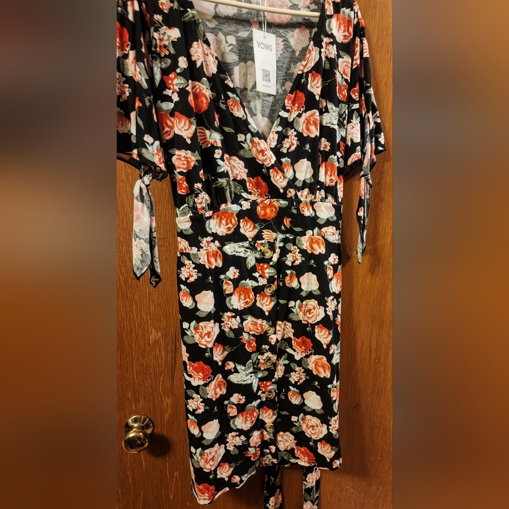 YOINS Women's Black Floral Short Sleeve Plus Size 2xl Dress